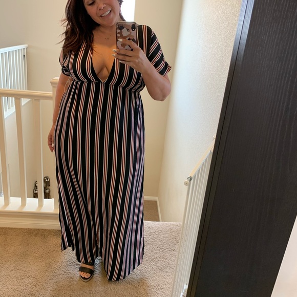 NEW Black and Red Striped Deep V Maxi Dress - Picture 5 of 8